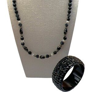 Vintage Black Beaded Necklace & Bracelet Set.  C6